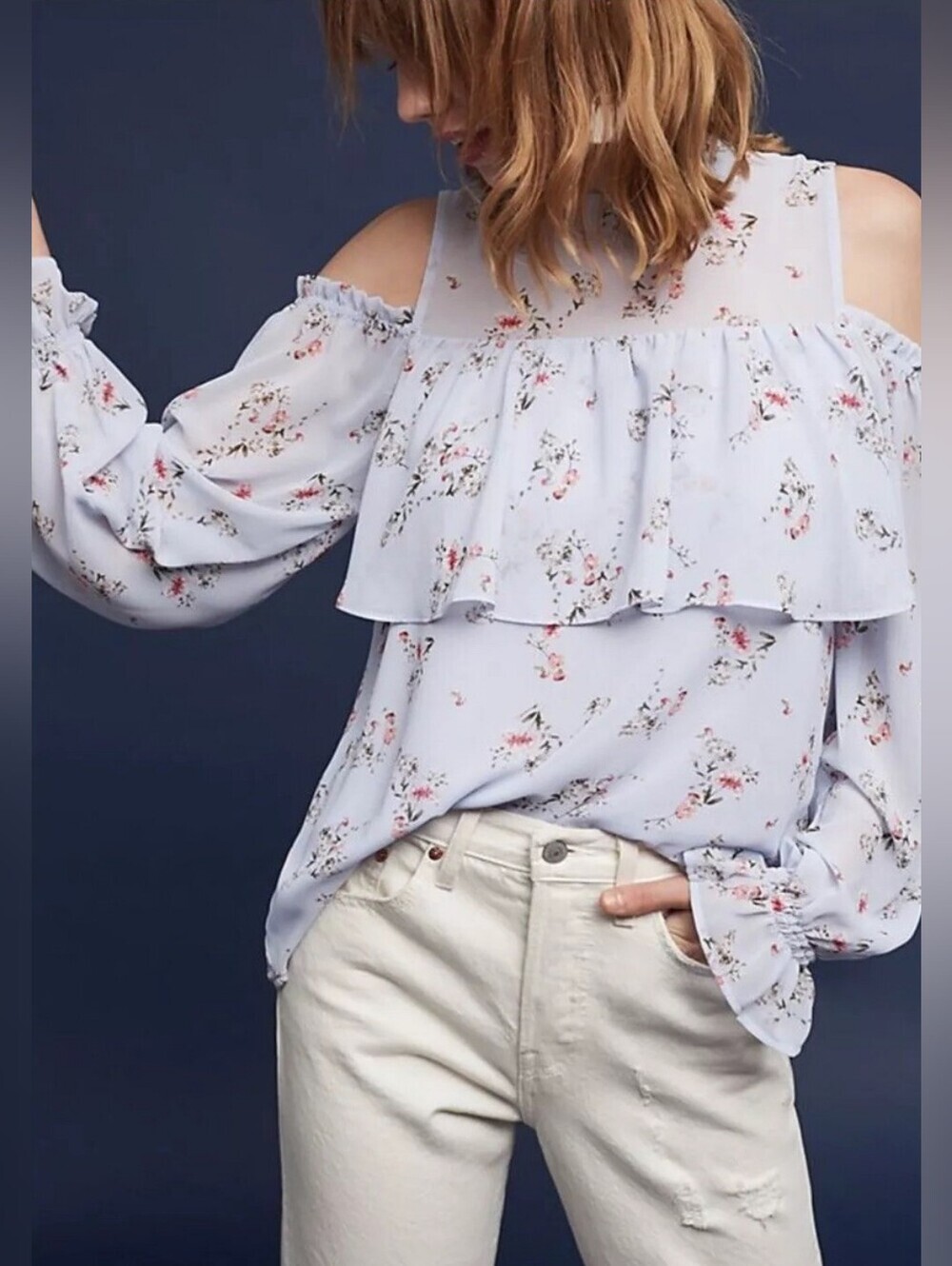 Anthropologie Light Blue Floral Ariel Cold-Shoulder Ruffle Blouse-L